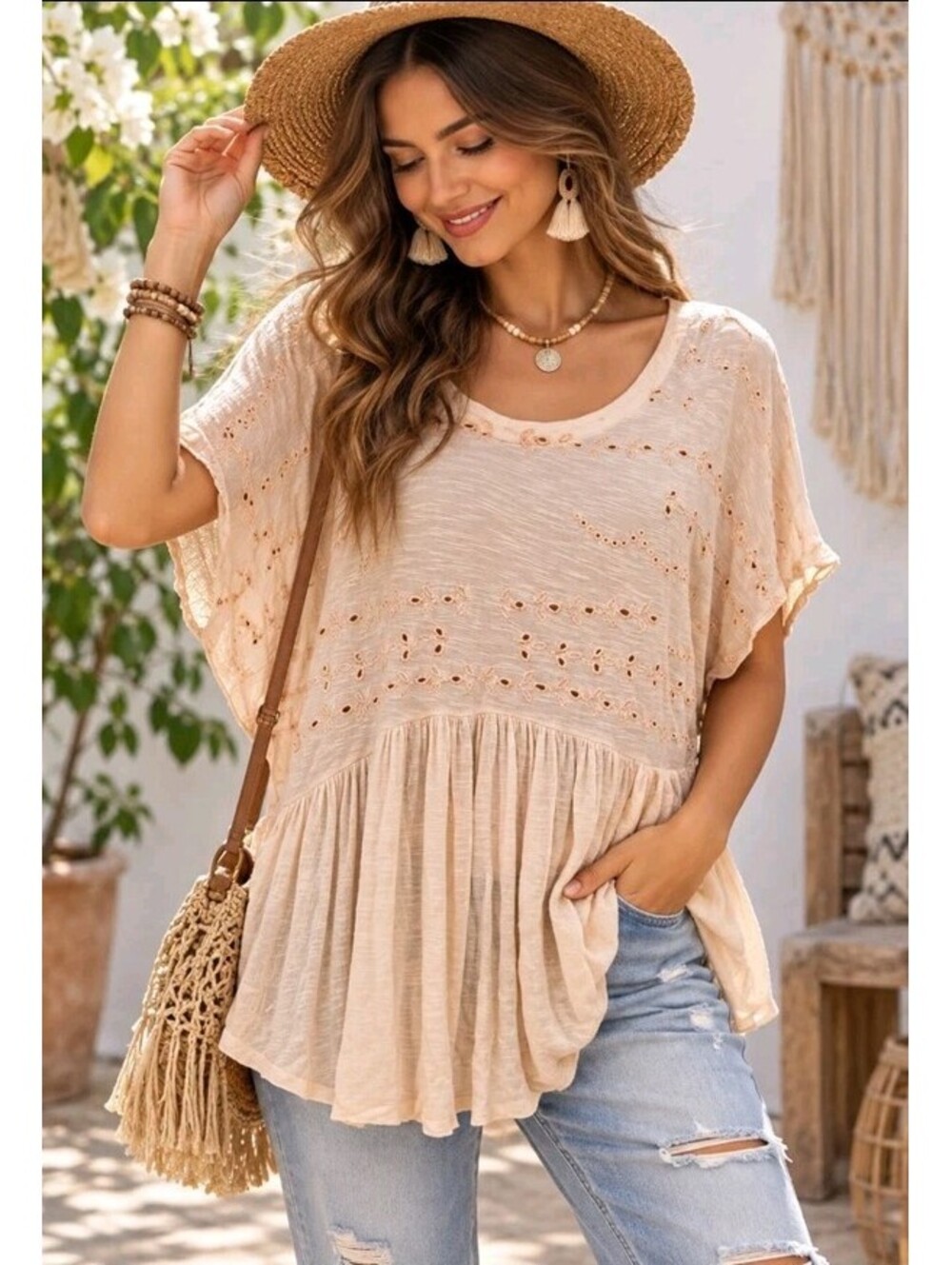 Free People Sweet Tart babydoll top (S) intricate Peach eyelet embroidery #CC
